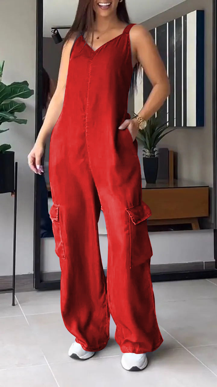 Blauwe Denimhemd V-hals Cargo Jumpsuit - Sarah