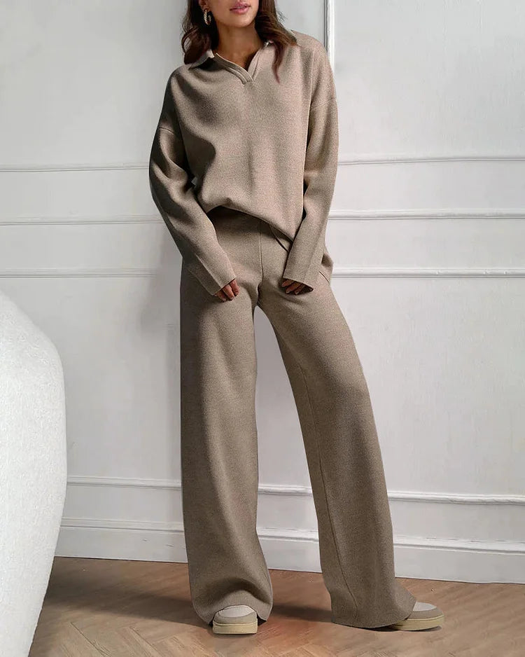 Chique Revers V-Hals Trui & Broek Set - Perfect voor Dagelijkse Elegantie