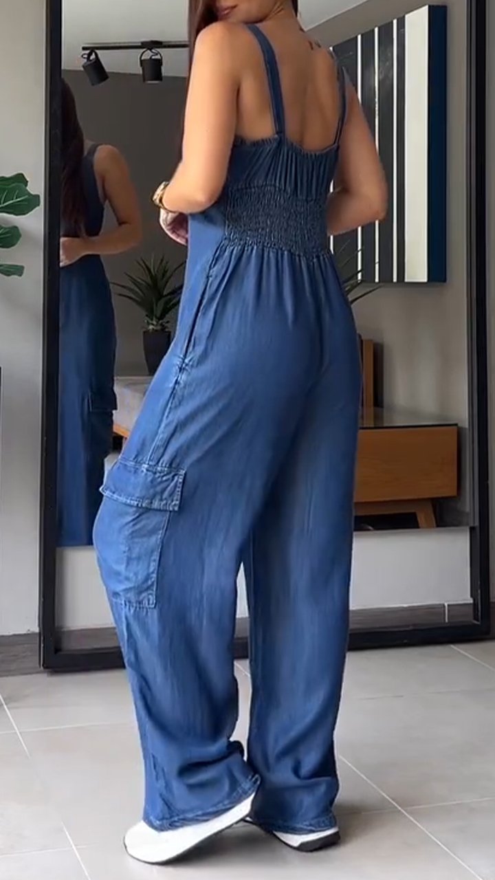 Blauwe Denimhemd V-hals Cargo Jumpsuit - Sarah