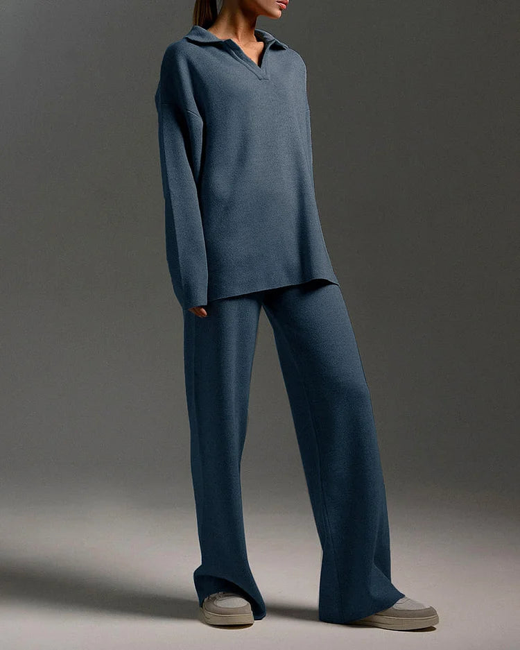 Chique Revers V-Hals Trui & Broek Set - Perfect voor Dagelijkse Elegantie