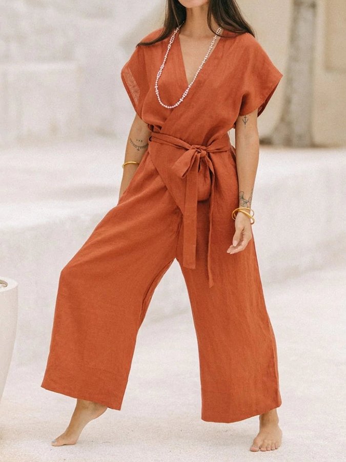 Stijlvolle Vintage V-hals Jumpsuit met Cross-Tie