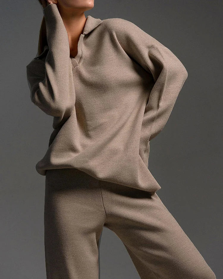 Chique Revers V-Hals Trui & Broek Set - Perfect voor Dagelijkse Elegantie