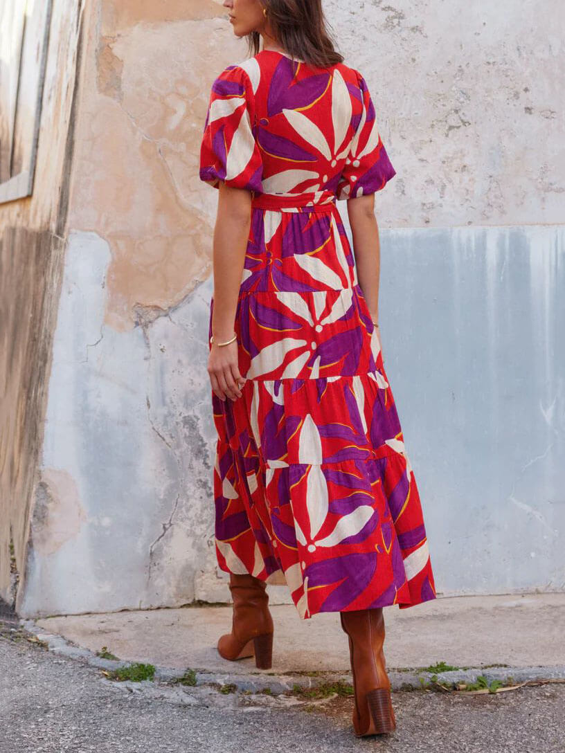 Rode Jurk V-Hals Pofmouwen Slit Maxi - Emma