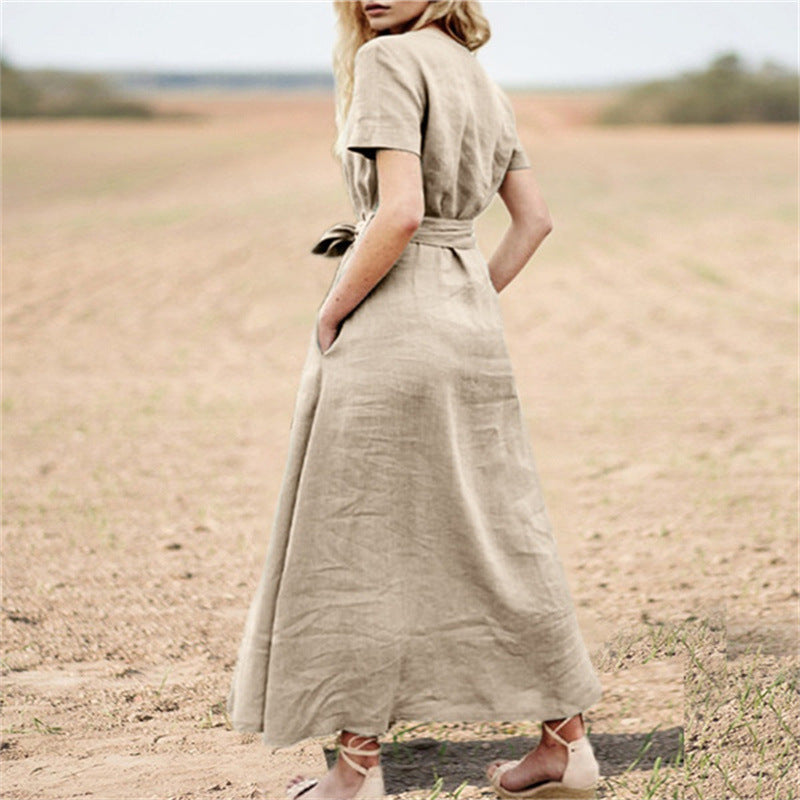 Elegante Katoenen Maxi-Jurk met V-hals & Riem