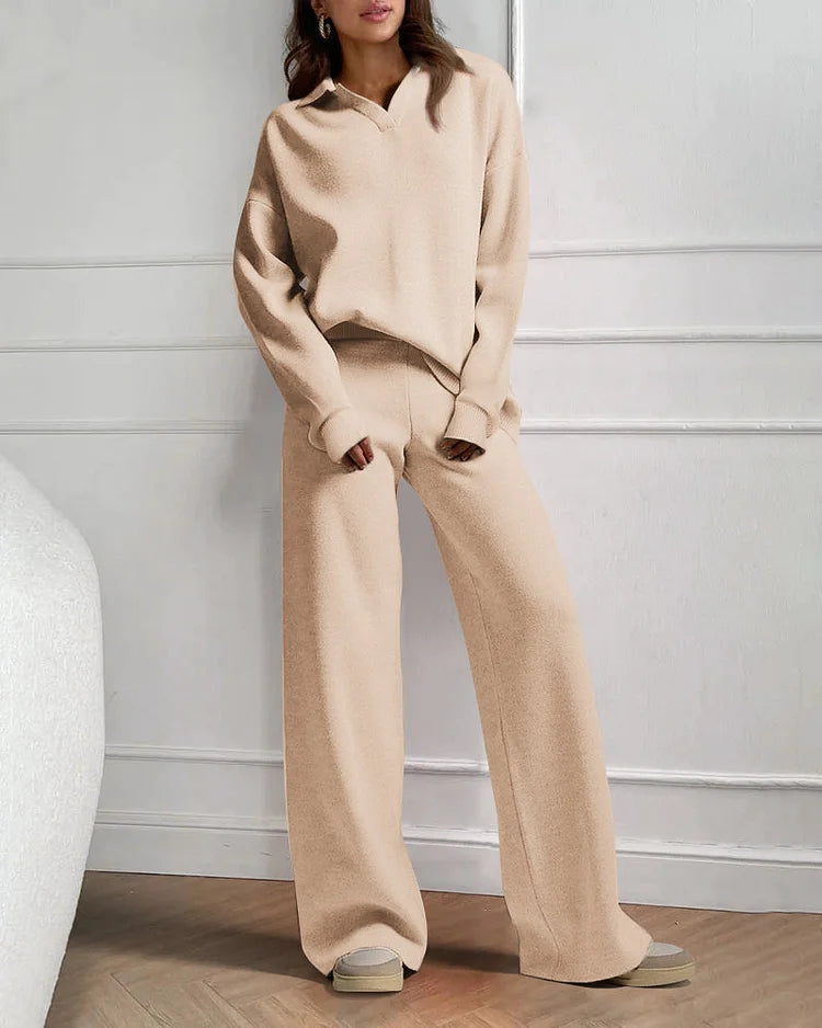 Chique Revers V-Hals Trui & Broek Set - Perfect voor Dagelijkse Elegantie
