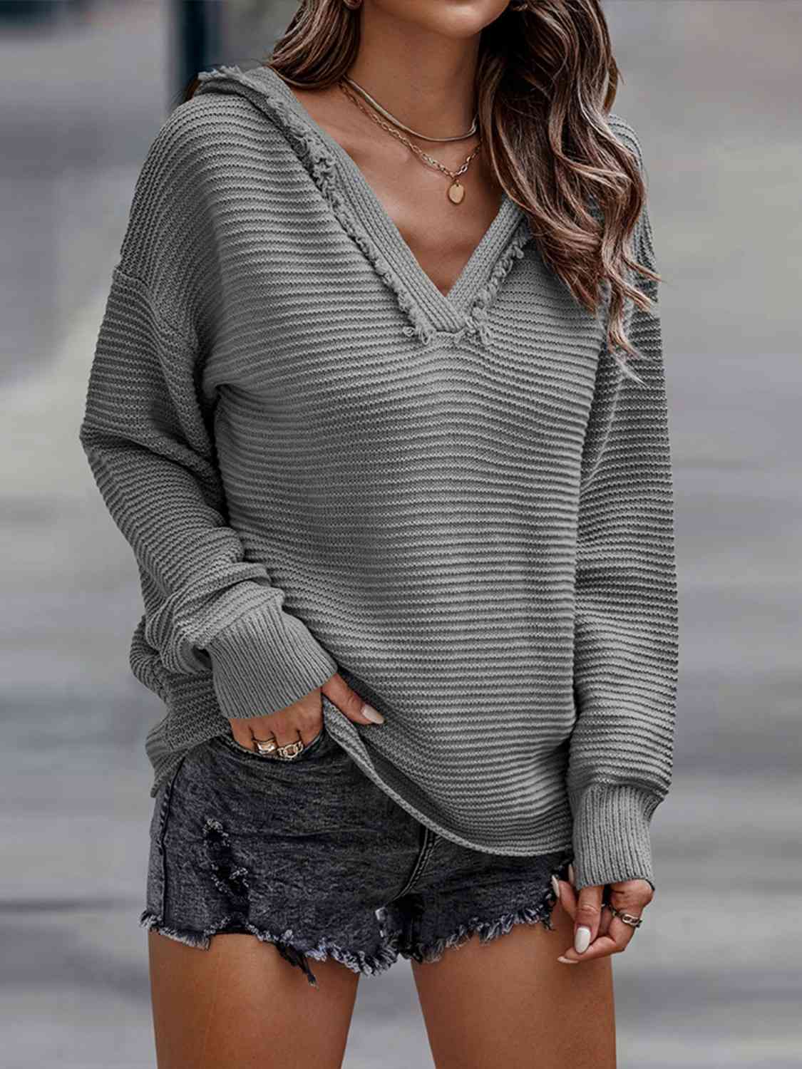 Chique Geribbelde Hoodie met Franje & V-Hals