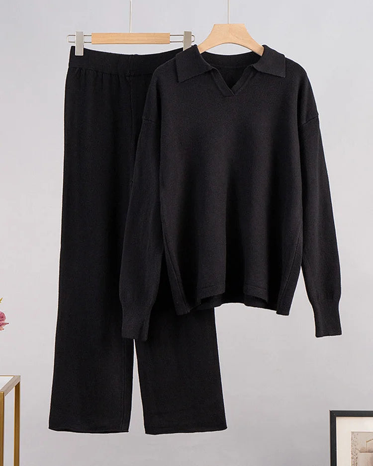 Chique Revers V-Hals Trui & Broek Set - Perfect voor Dagelijkse Elegantie