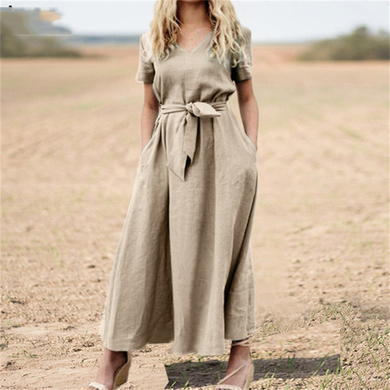 Elegante Katoenen Maxi-Jurk met V-hals & Riem
