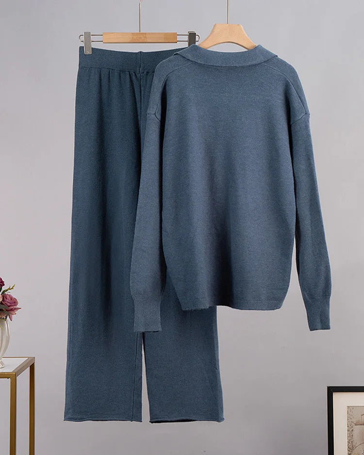 Chique Revers V-Hals Trui & Broek Set - Perfect voor Dagelijkse Elegantie