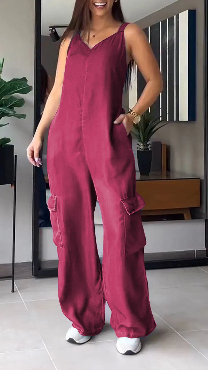 Blauwe Denimhemd V-hals Cargo Jumpsuit - Sarah