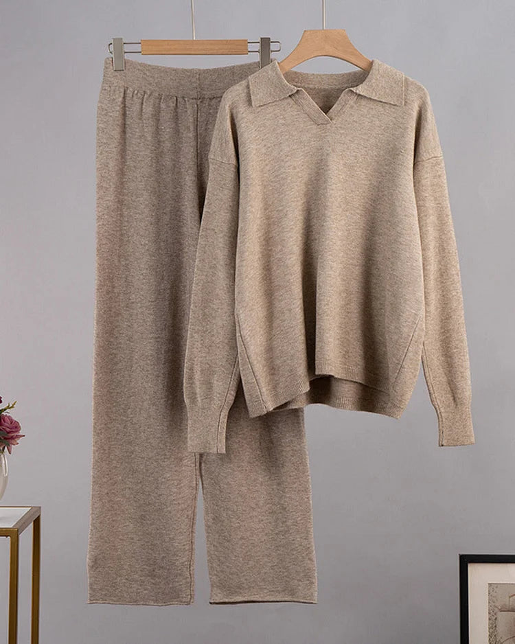 Chique Revers V-Hals Trui & Broek Set - Perfect voor Dagelijkse Elegantie