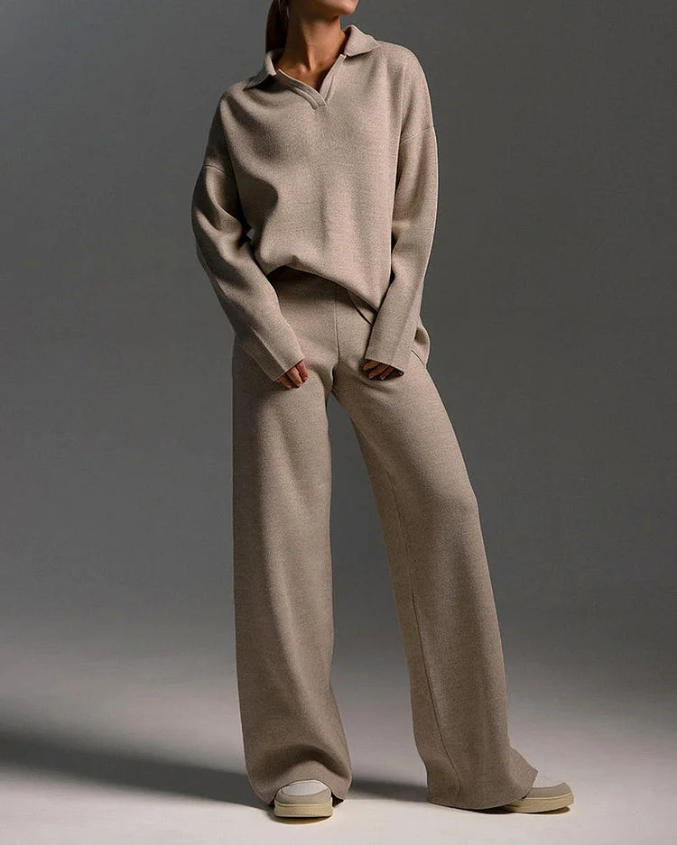 Chique Revers V-Hals Trui & Broek Set - Perfect voor Dagelijkse Elegantie