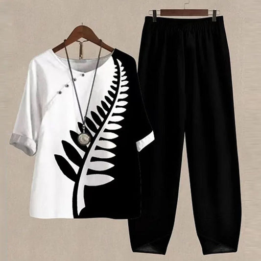 Chique Damescombinatie: Stijlvolle Korte Mouwen Shirt en Broek