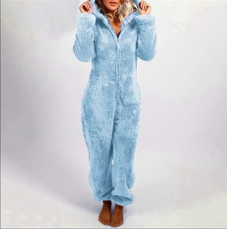 Gezellige Chic: Dames Fuzzy Capuchon Zip-Up Loungewear Jumpsuit
