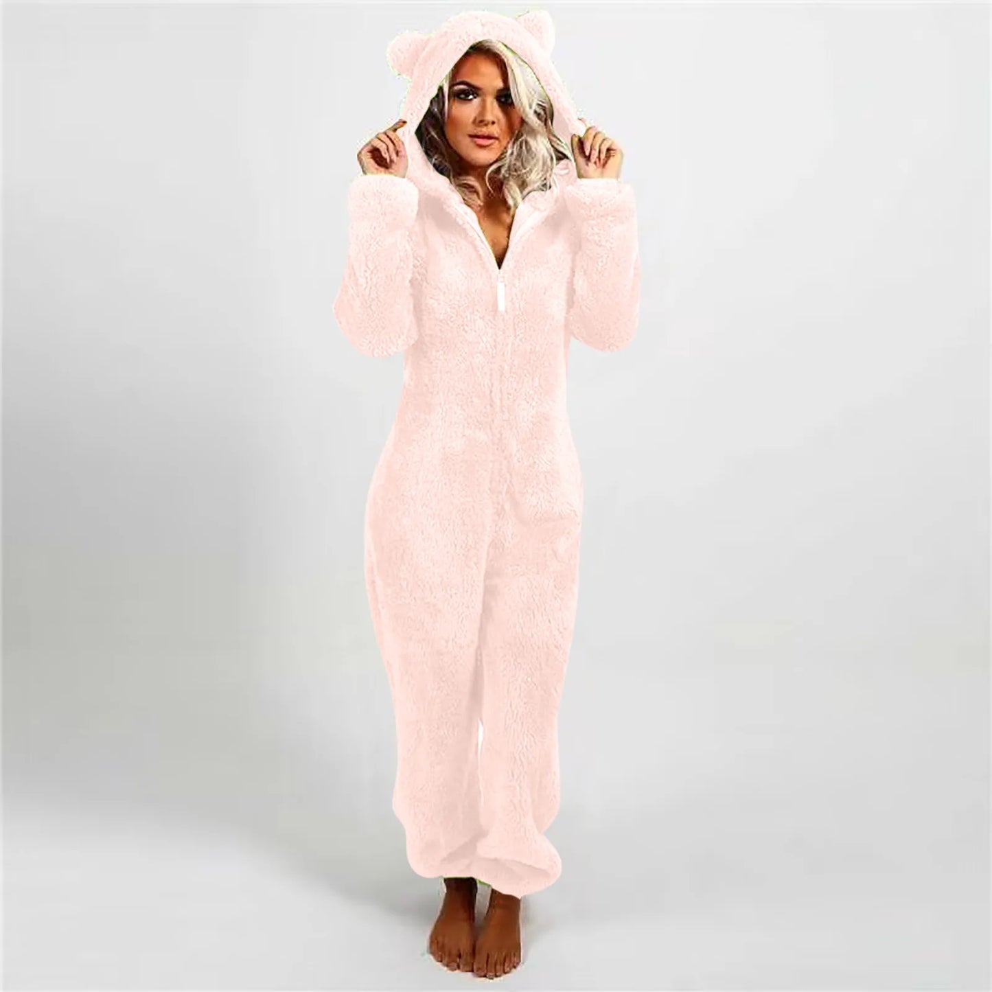 Gezellige Chic: Dames Fuzzy Capuchon Zip-Up Loungewear Jumpsuit
