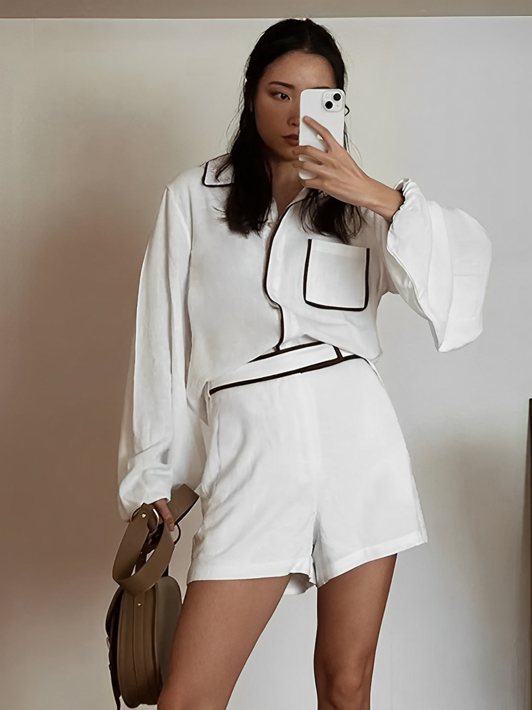 Chique Oversized Katoen-Linnen Set: Contrast-Trim Shorts Duo