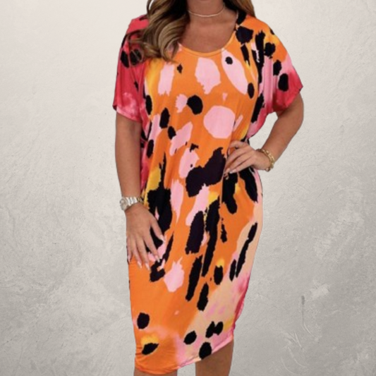 Odilia - Oranje Geprinte Jurk