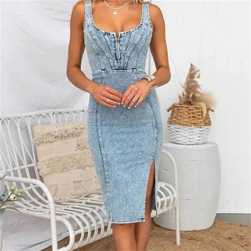 Chique Denim Midi-Jurk | Verstelbare Bandjes & Stretch