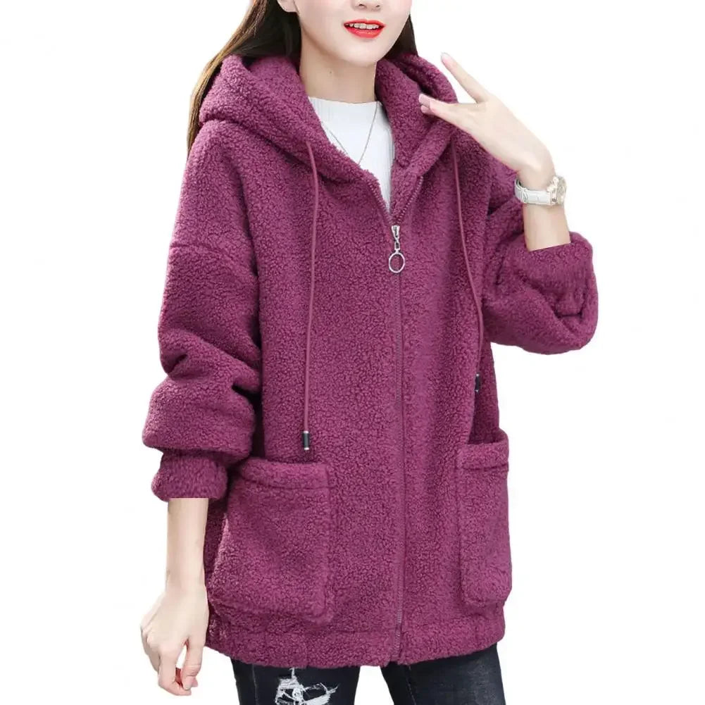 CozyChic Pluche Capuchon Fleecejas: Zakken & Rits Warmte voor Elegante Winter