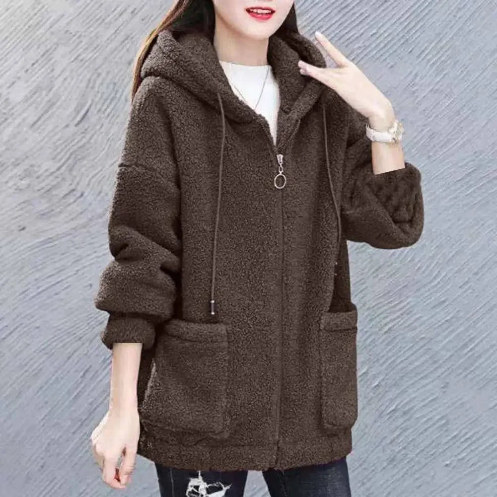 CozyChic Pluche Capuchon Fleecejas: Zakken & Rits Warmte voor Elegante Winter