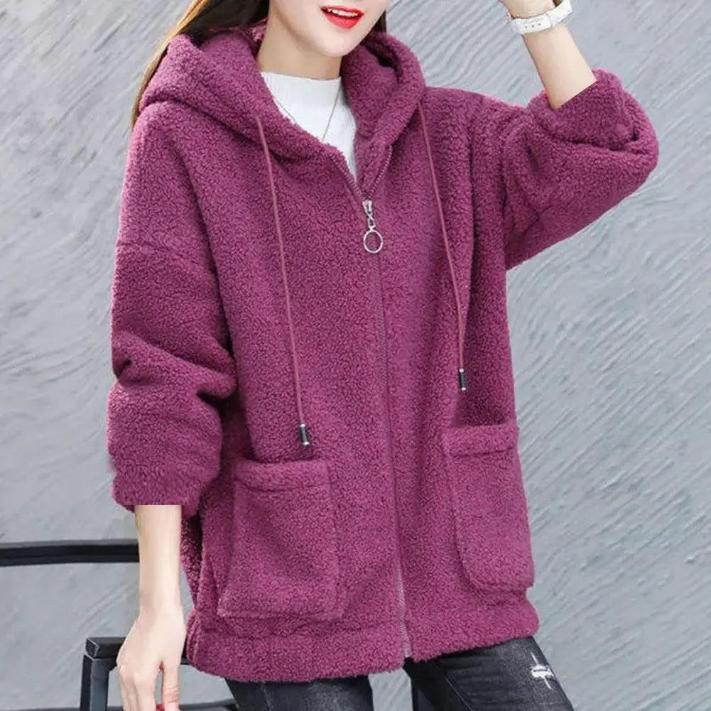 CozyChic Pluche Capuchon Fleecejas: Zakken & Rits Warmte voor Elegante Winter
