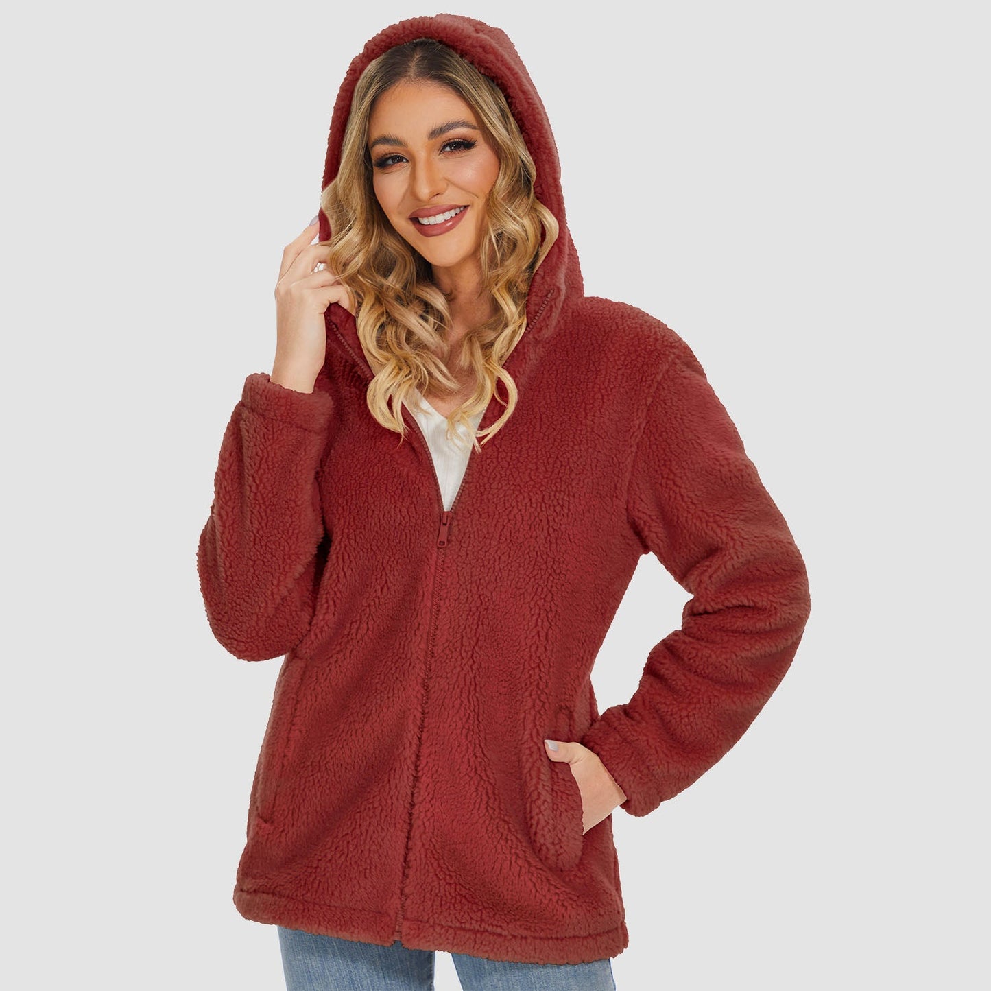 CozyChic Dames Hooded Sherpa Jas: Rits, Zakken - Winterse Warmte