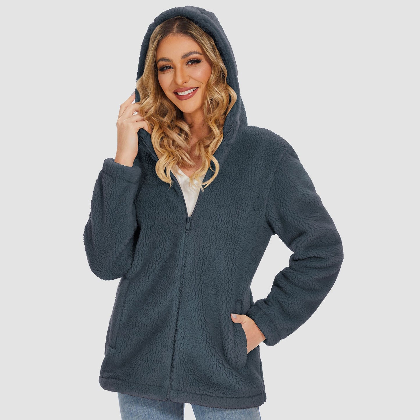 CozyChic Dames Hooded Sherpa Jas: Rits, Zakken - Winterse Warmte
