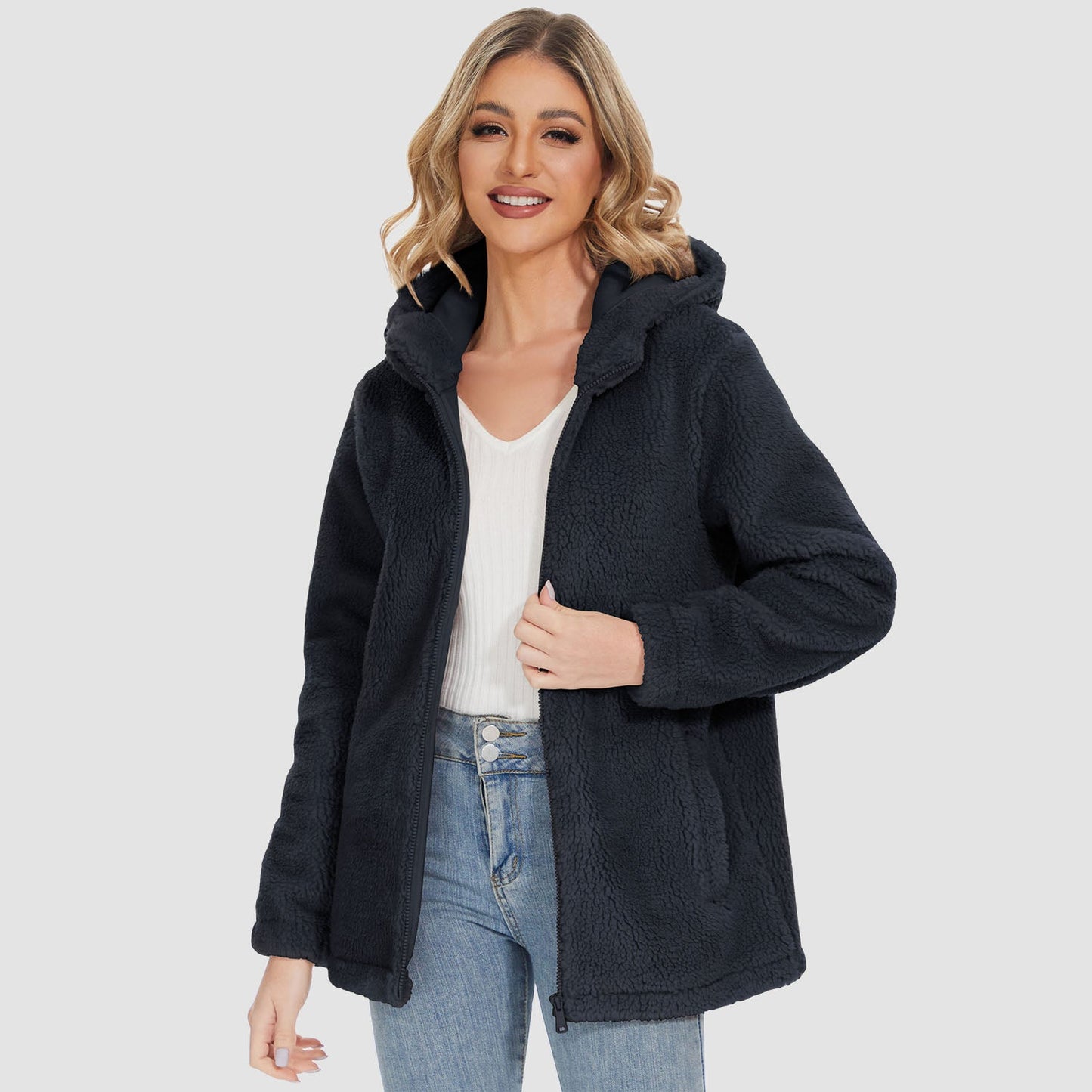 CozyChic Dames Hooded Sherpa Jas: Rits, Zakken - Winterse Warmte