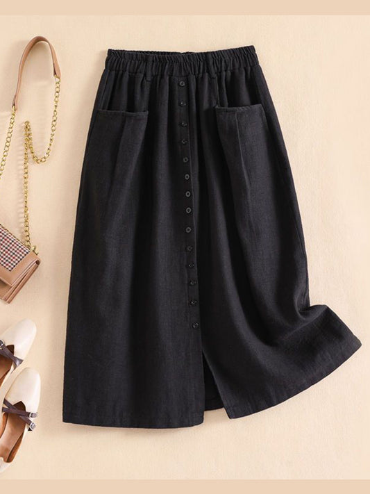 Charmante Linnen Midi-Rok met Zakken en Vintage Knopen