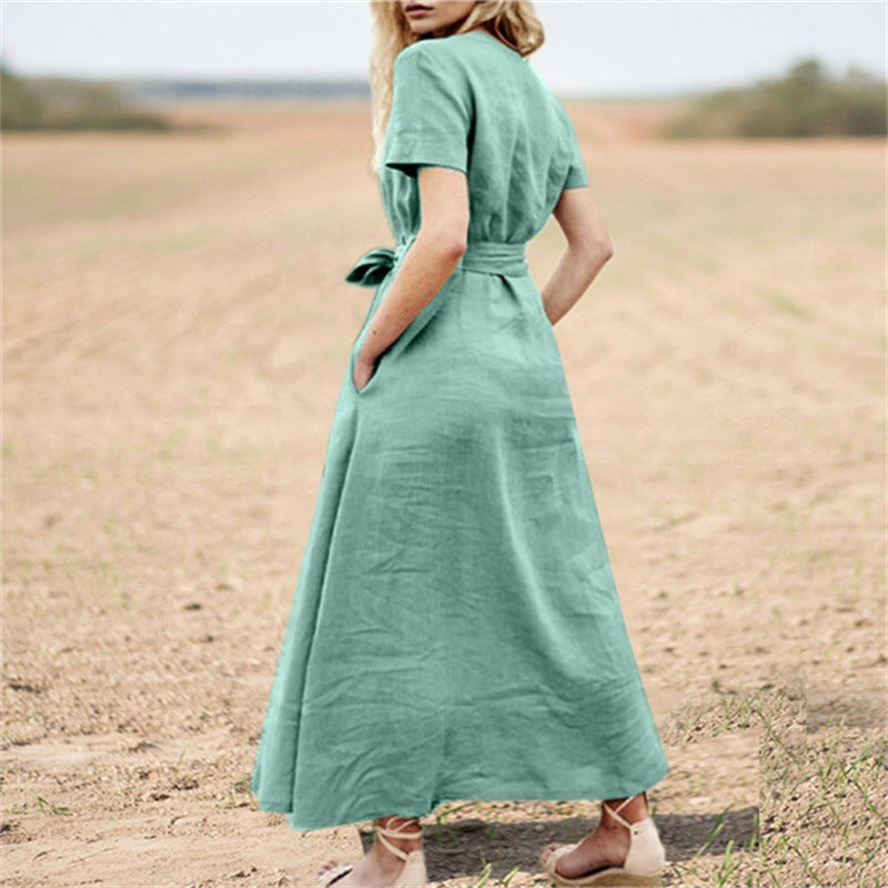 Elegante Katoenen Maxi-Jurk met V-hals & Riem