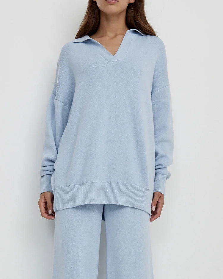 Chique Revers V-Hals Trui & Broek Set - Perfect voor Dagelijkse Elegantie