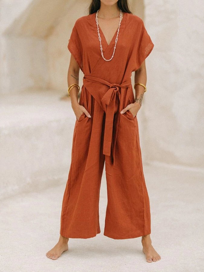 Stijlvolle Vintage V-hals Jumpsuit met Cross-Tie