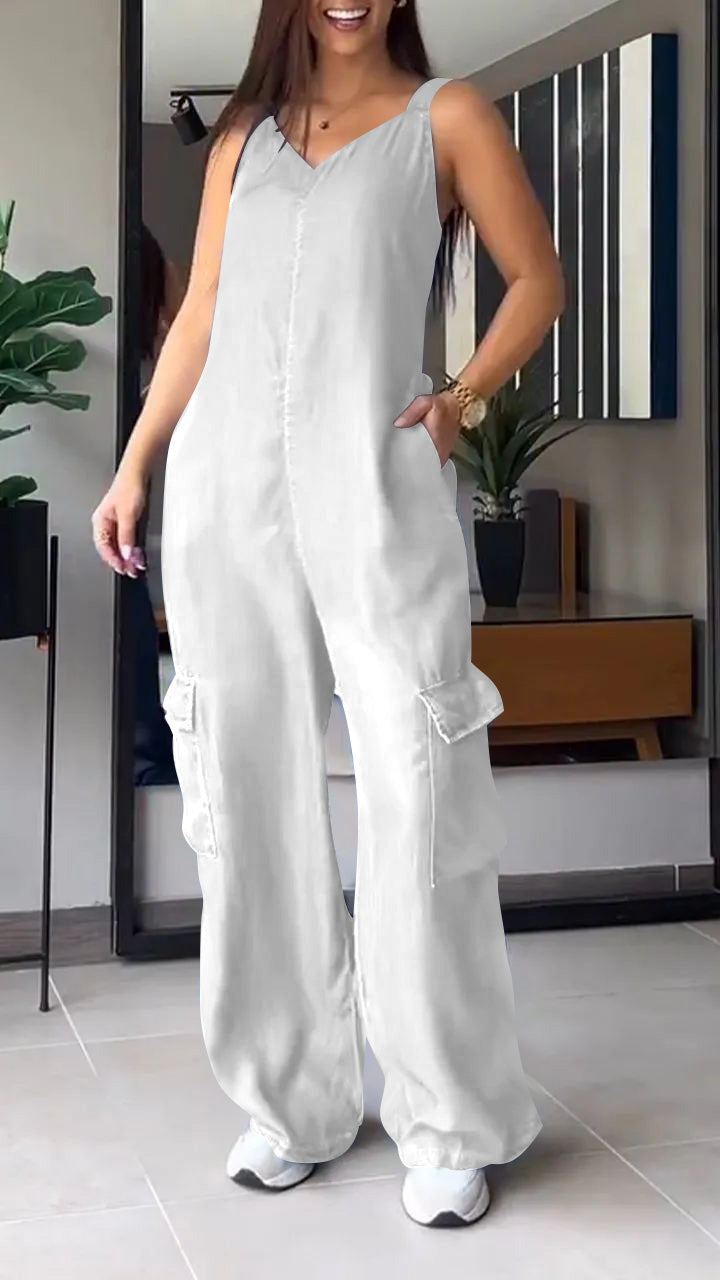 Blauwe Denimhemd V-hals Cargo Jumpsuit - Sarah