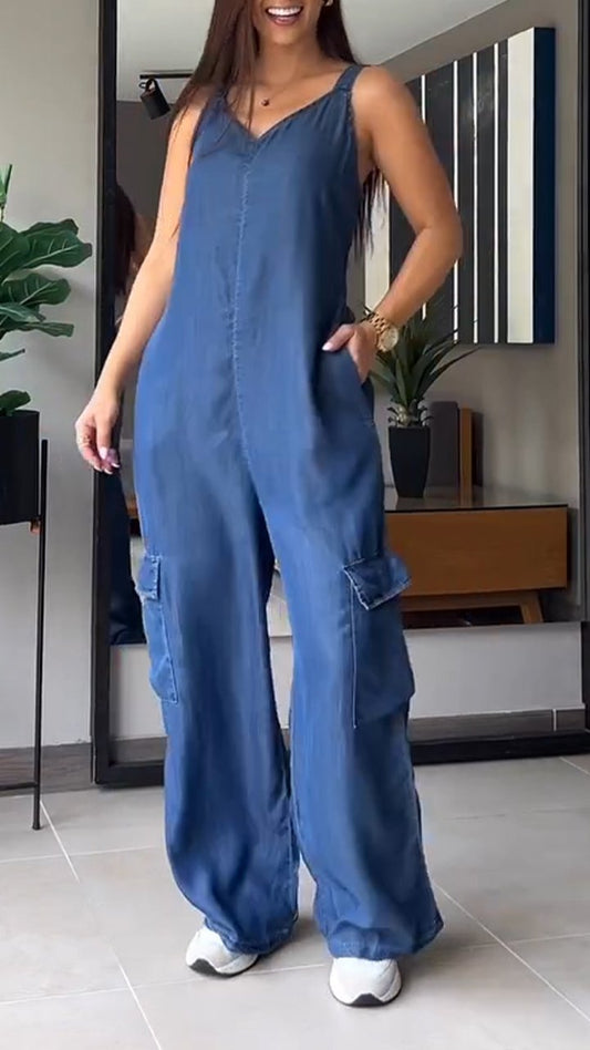 Blauwe Denimhemd V-hals Cargo Jumpsuit - Sarah