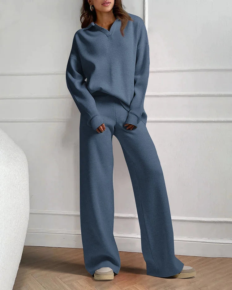 Chique Revers V-Hals Trui & Broek Set - Perfect voor Dagelijkse Elegantie