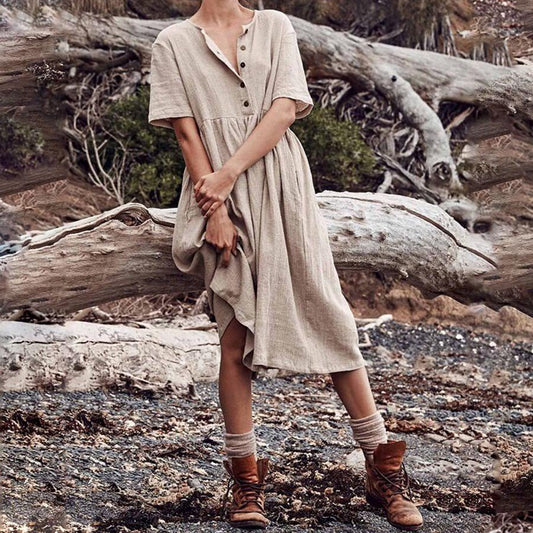 Chique Katoen-Linnen Jurk - Pure Kleur & Kort Mouw