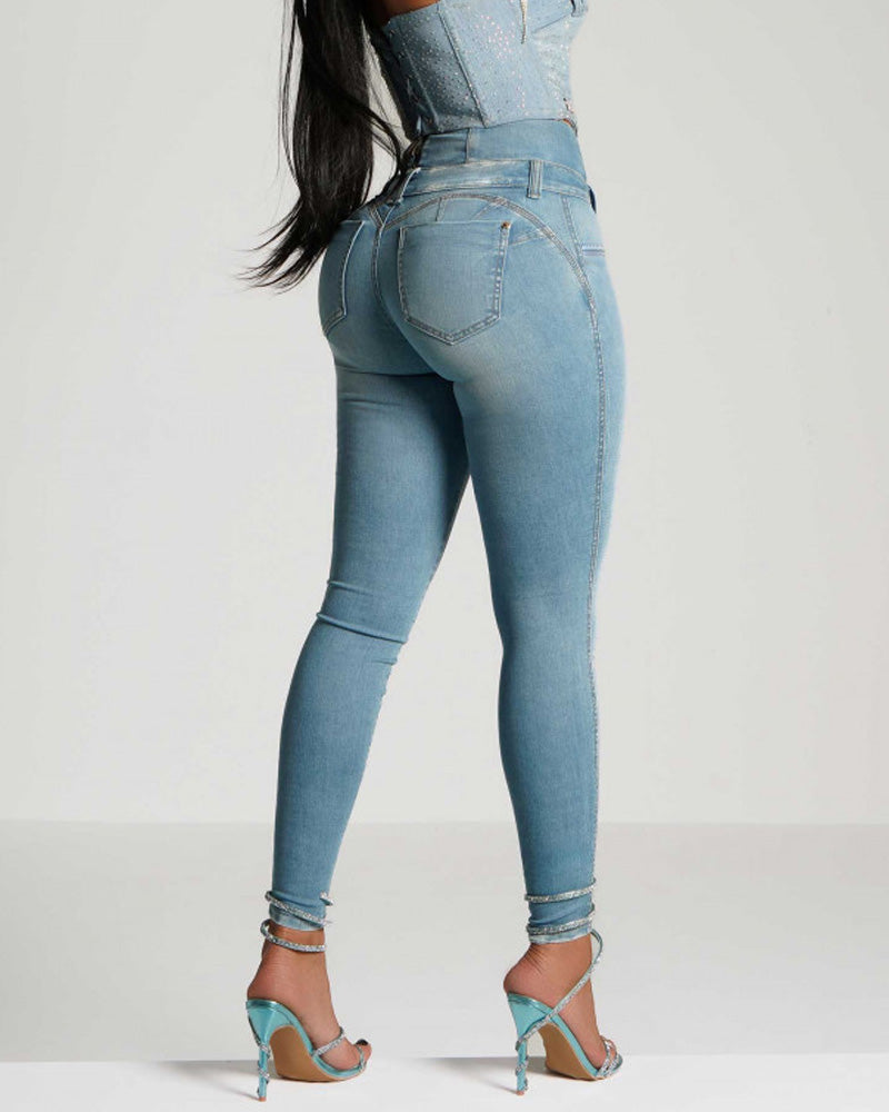 Zip-High Skinny: Verhoog je Stijl met Comfortabele High-Waisted Jeans!
