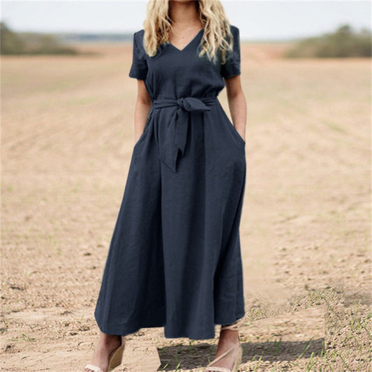 Elegante Katoenen Maxi-Jurk met V-hals & Riem