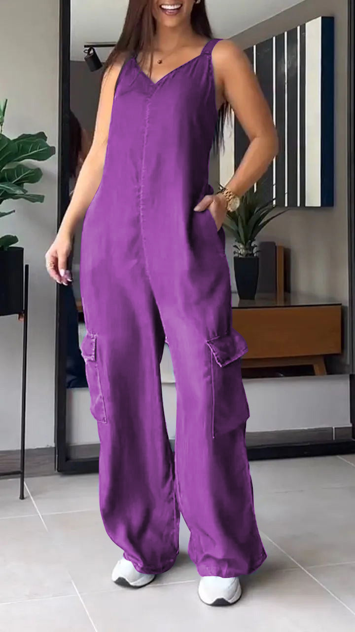 Blauwe Denimhemd V-hals Cargo Jumpsuit - Sarah