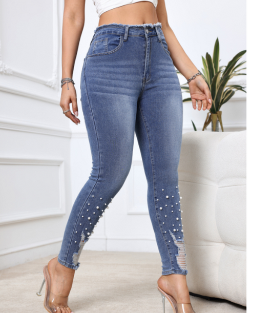 Lichtblauwe Skinny Jeans met Parelversiering - Jade