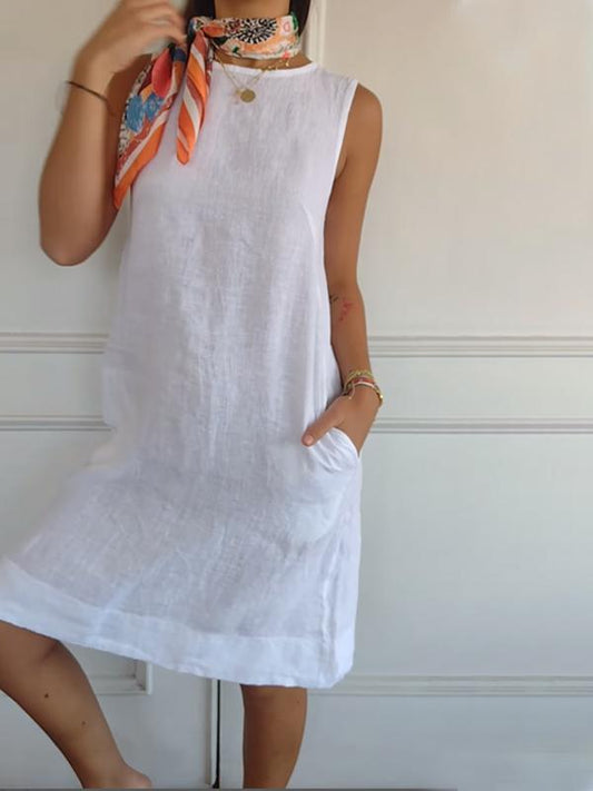 Elegante Katoen-Linnen Jurk - Mouwloos & Ronde Hals