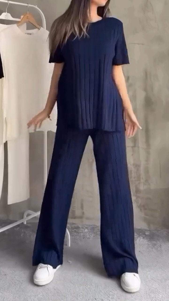 Julia - Blauw Casual Pak met Ronde Hals