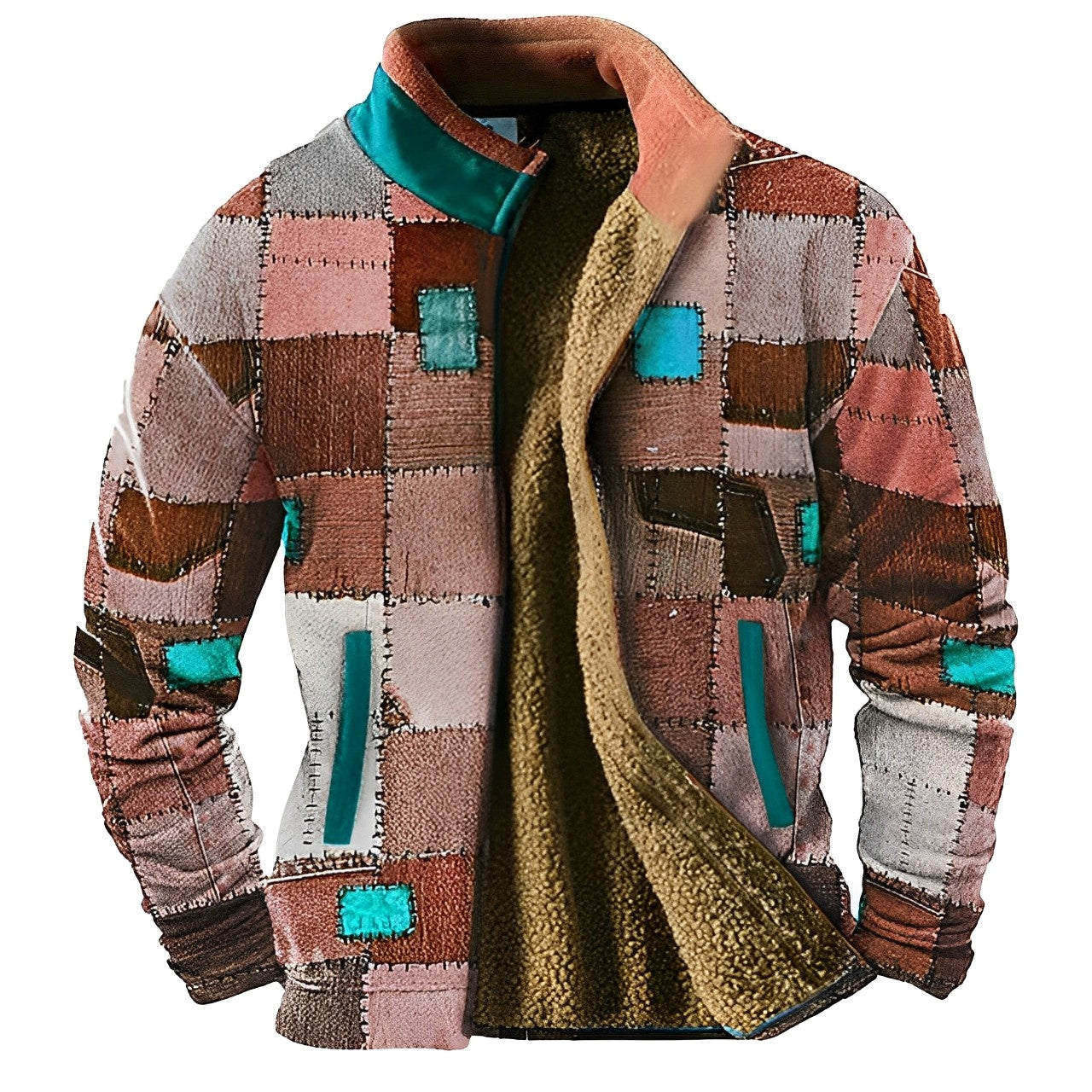 Sky Blue Fleece Designer Rits Sweater: Grafische Elegantie voor de Winter