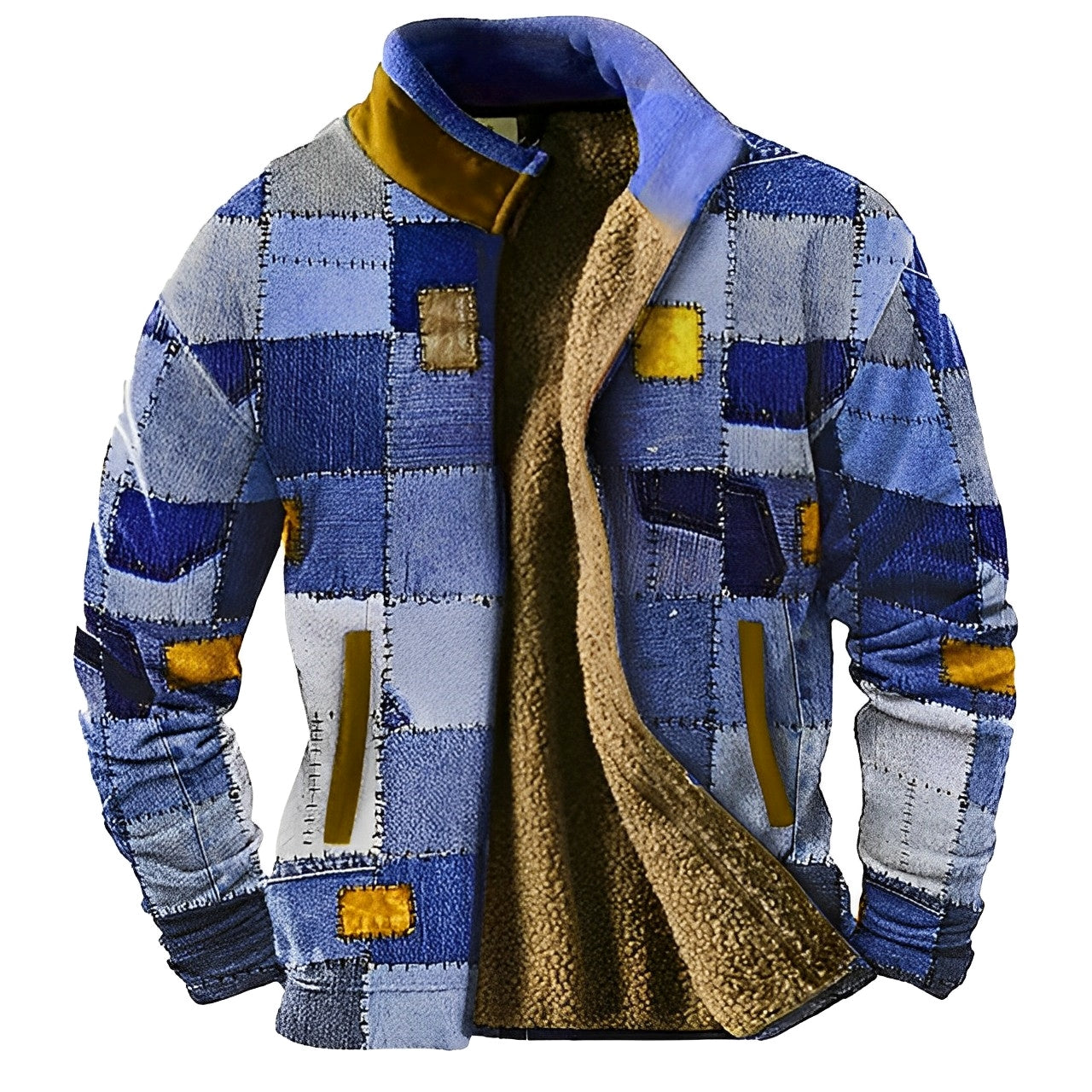 Sky Blue Fleece Designer Rits Sweater: Grafische Elegantie voor de Winter