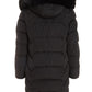 Chique Noir Lange Jas met Nepbont Capuchon & Gewatteerde Elegantie