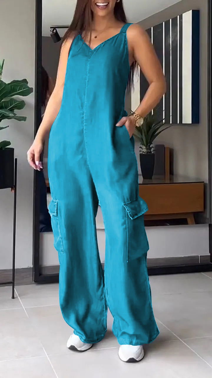 Blauwe Denimhemd V-hals Cargo Jumpsuit - Sarah