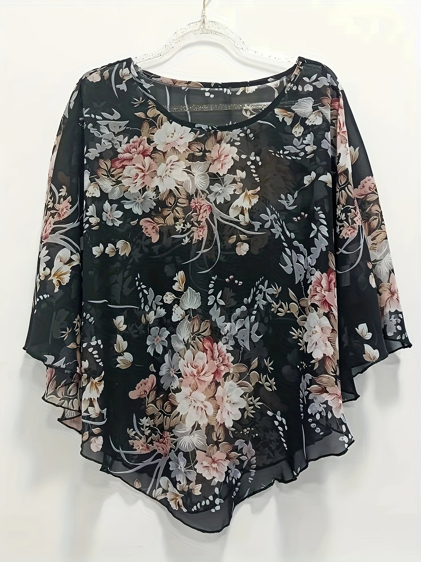 Zwarte Bloemenprint Asymmetrische Blouse - Noor