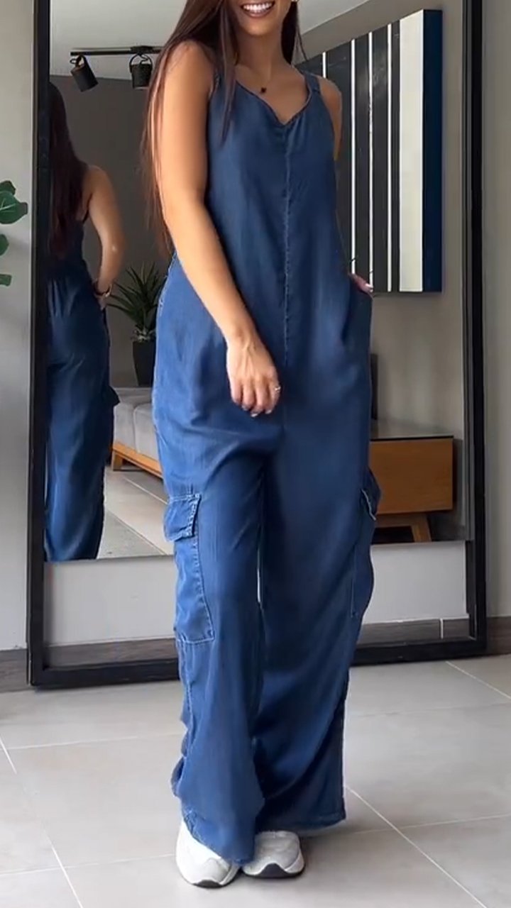 Blauwe Denimhemd V-hals Cargo Jumpsuit - Sarah