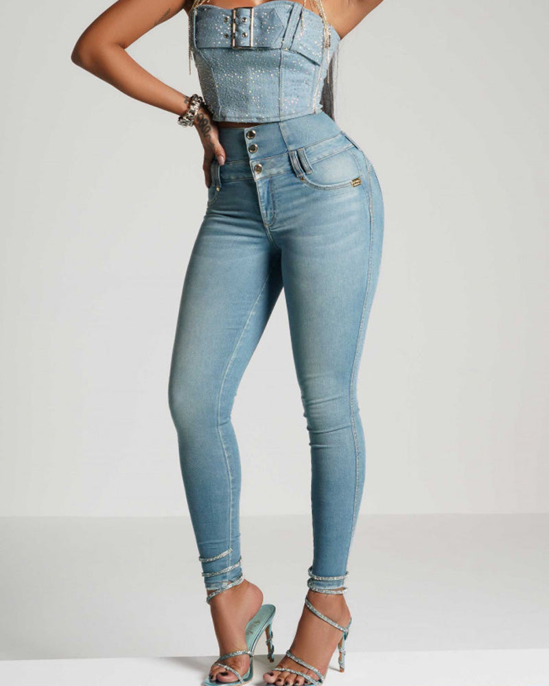 Zip-High Skinny: Verhoog je Stijl met Comfortabele High-Waisted Jeans!