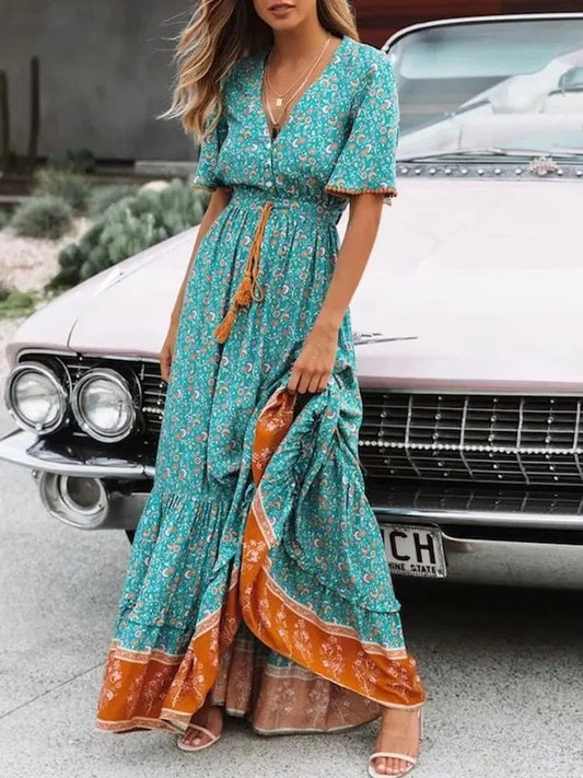 Blauw Boho Maxi Jurk - Perla